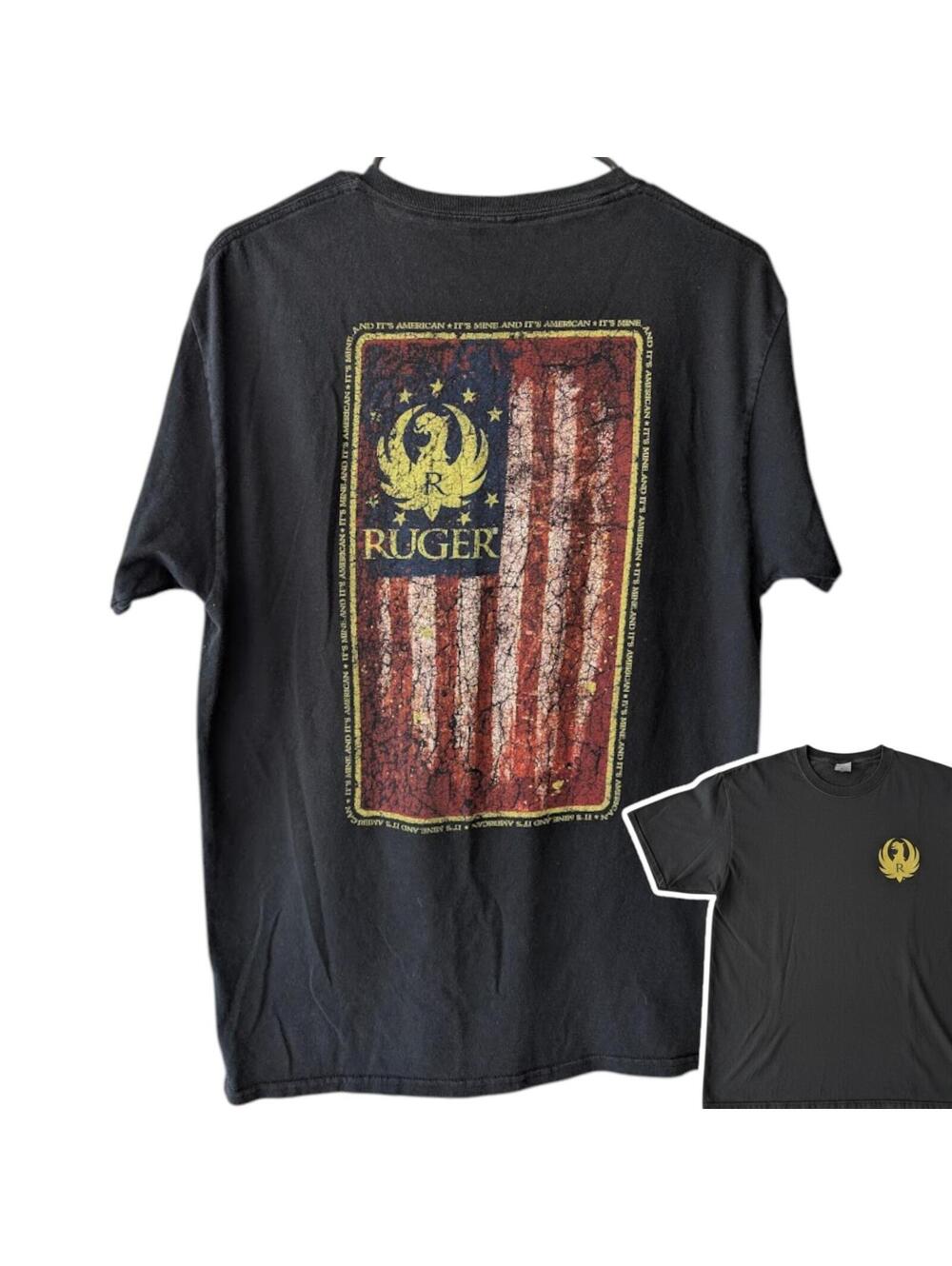 Vintage Ruger Shirt Medium Black Distressed American Flag Graphic Tee Y2K 20x27